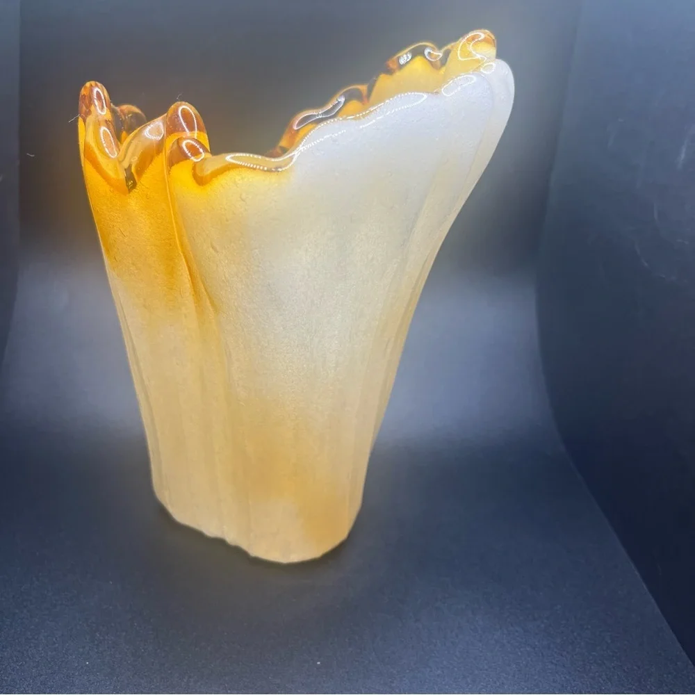 Vintage amber art glass vase handkerchief ruffle mid century murano style
